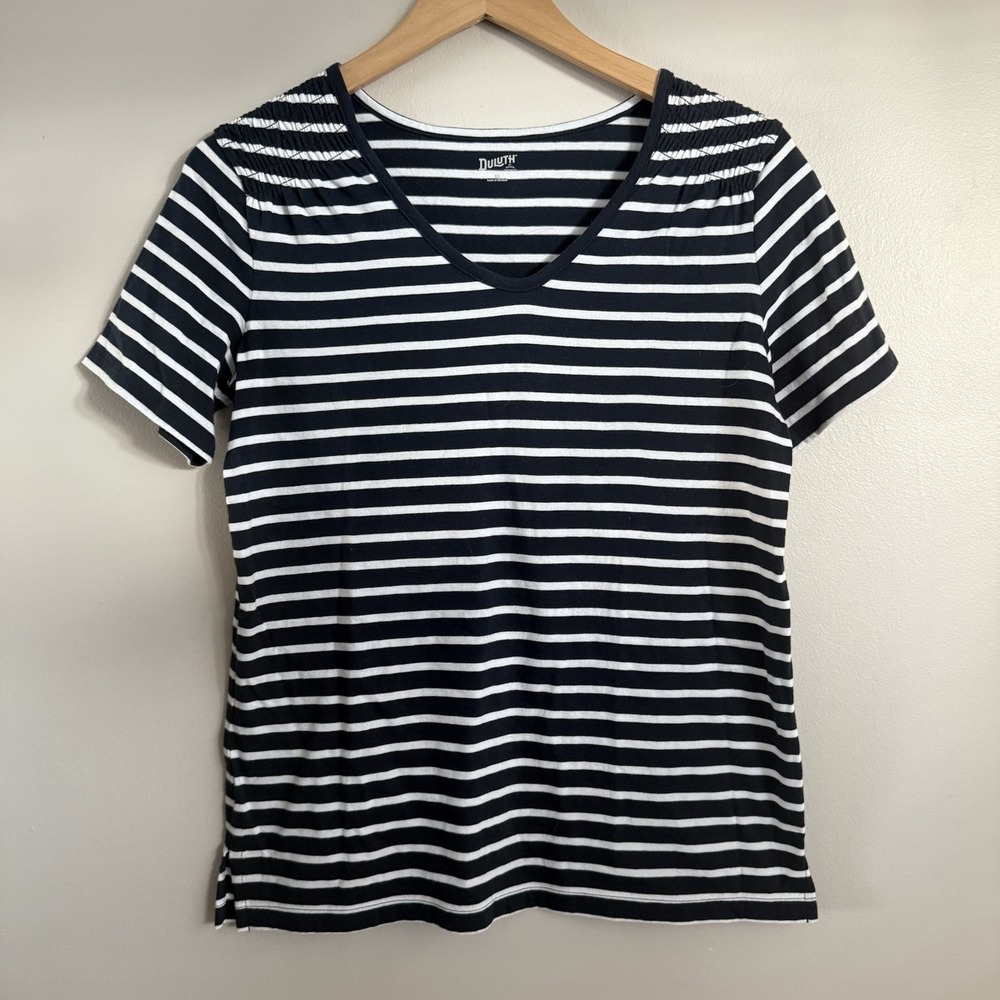 Duluth Women's Lightweight Long tail Smocking‎ T-shirt Size XS Navy Blue/White